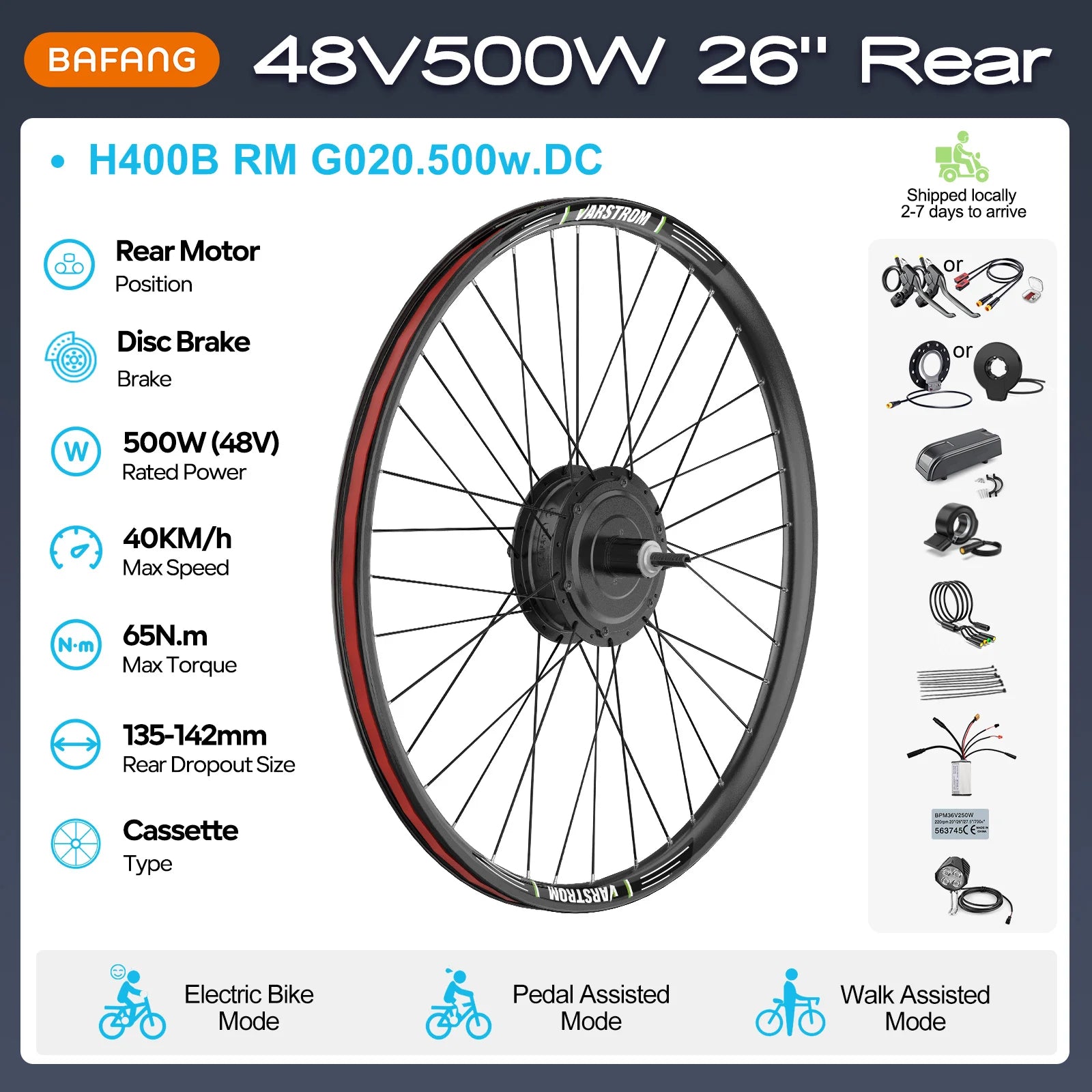 BAFANG 250W-1000W 36V 48V Hub Motor E-Bike Kit – 20-700C Cassette Disc/V-Brake Varstrom eBike Conversion