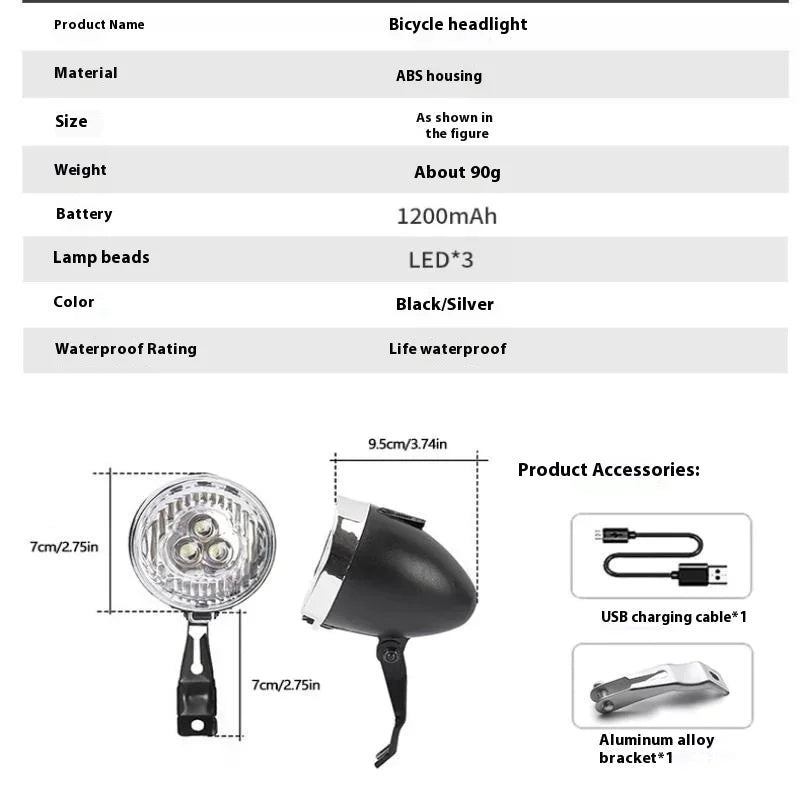 3 LED Retro Bicycle Headlight 3 Light Modes Front Light Type-C Charging Vintage Classic Bikes HeadLamp Cycling Accessories