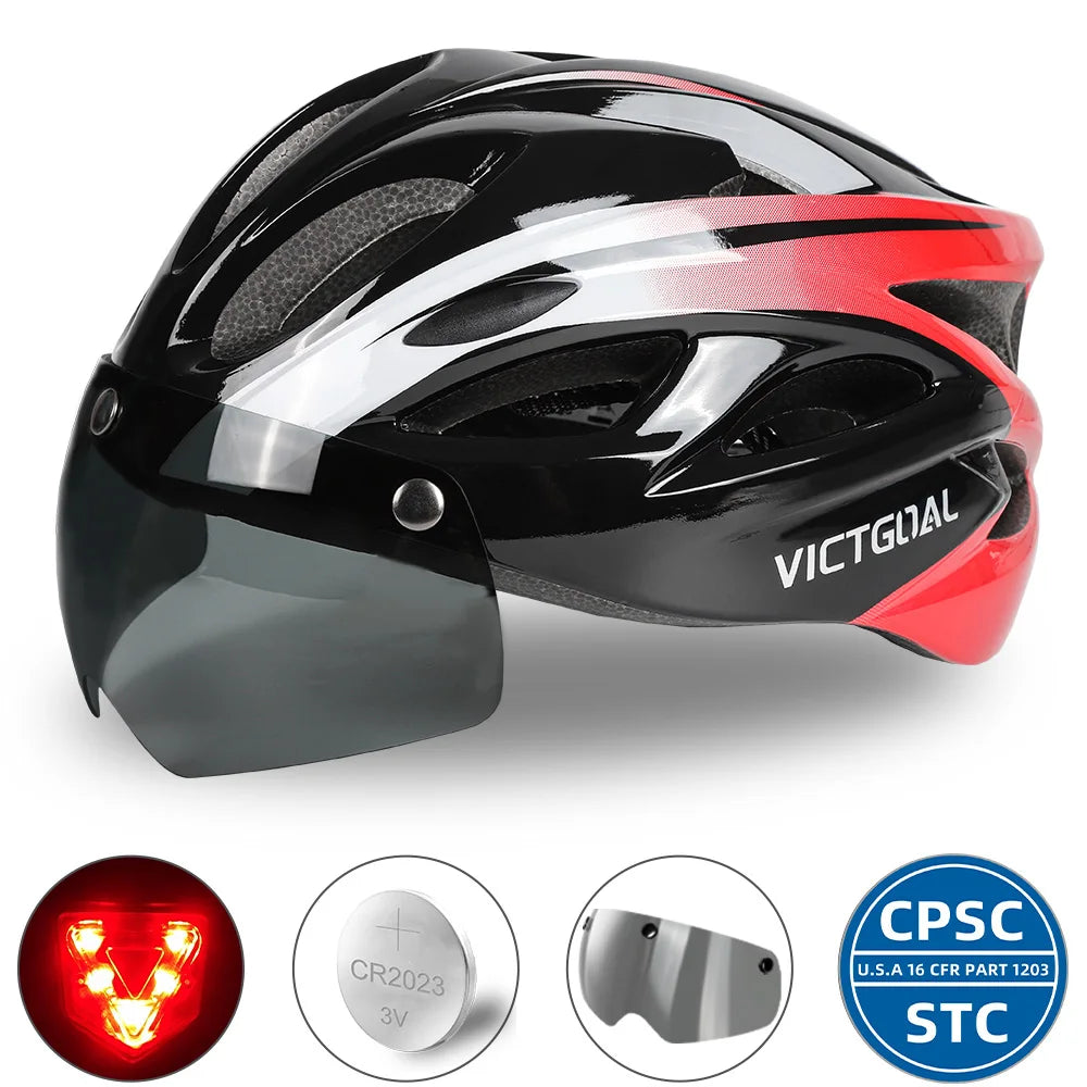 VICTGOAL Adults Bike Helmet Goggles LED Rear Light Men Women Cycling Helmet Road Bicycle Helmets MTB E-Bike Cap Scotter Headgear