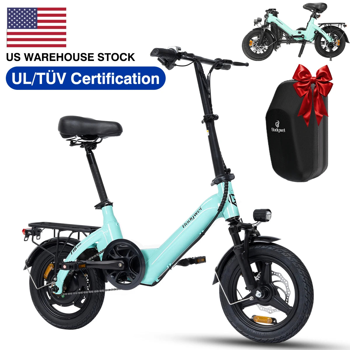Bodywel T16Pro 14' Folding Electric Bike 36V 10.4Ah Battery UL Certified Commuter Ebike for Adults Mini Electric Bicycle