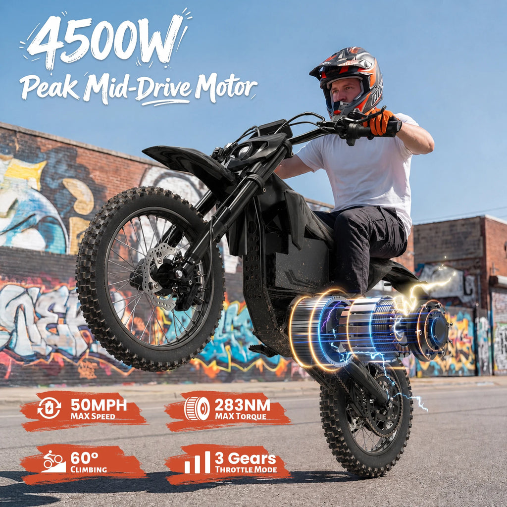 QRONGE X1 Spark L Electric Dirt Bike, 4500W Peak Electric Bicycle, 60V 28.8Ah Up to 50MPH & 60 Miles Electric Motorcycle, Full Suspension 17"/14" Off-Road Tire E-Dirt Bike for Adults Teens 1-Year Warranty