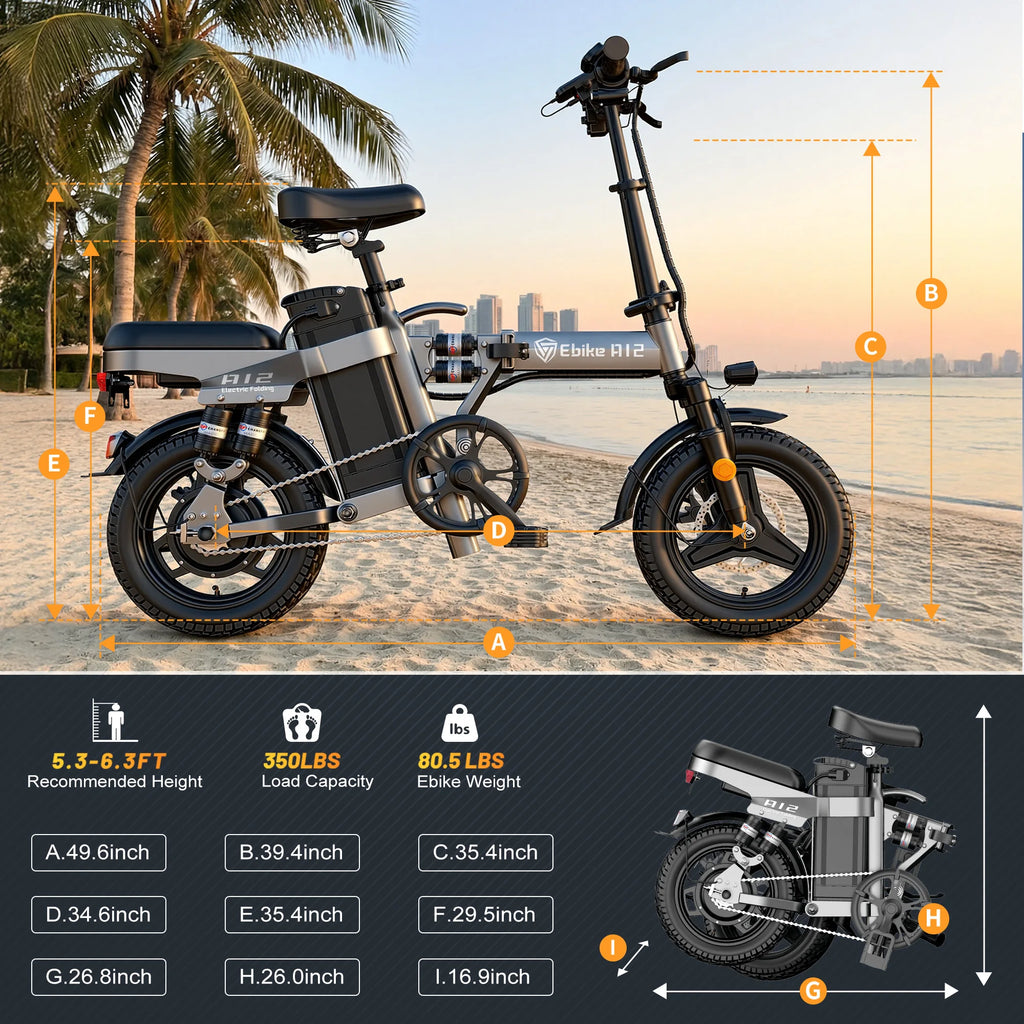DTTZH A12 Foldable Electric Bike, 1000W Peak 48V15Ah Removable Battery, 14" Folding Commuter E-Bike, 60 Miles Range, UL 2849 Certified, 1 Year Warranty