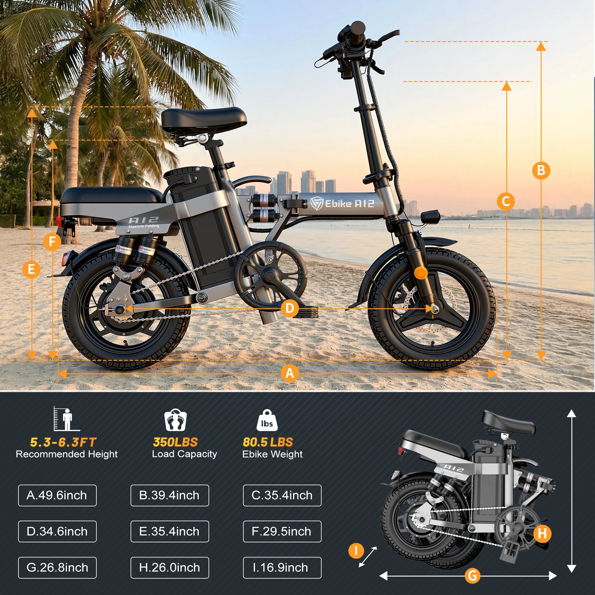 DTTZH A12 Foldable Electric Bike, 1000W Peak 48V15Ah Removable Battery, 14" Folding Commuter E-Bike, 60 Miles Range, UL 2849 Certified, 1 Year Warranty