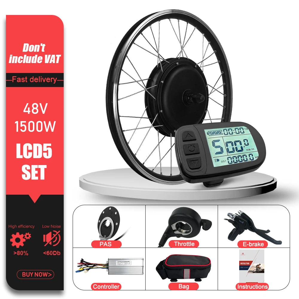 48V 1500W Brushless Rear Cassette Hub Motor E-Bike Conversion Kit – 20-29" 700C Wheel