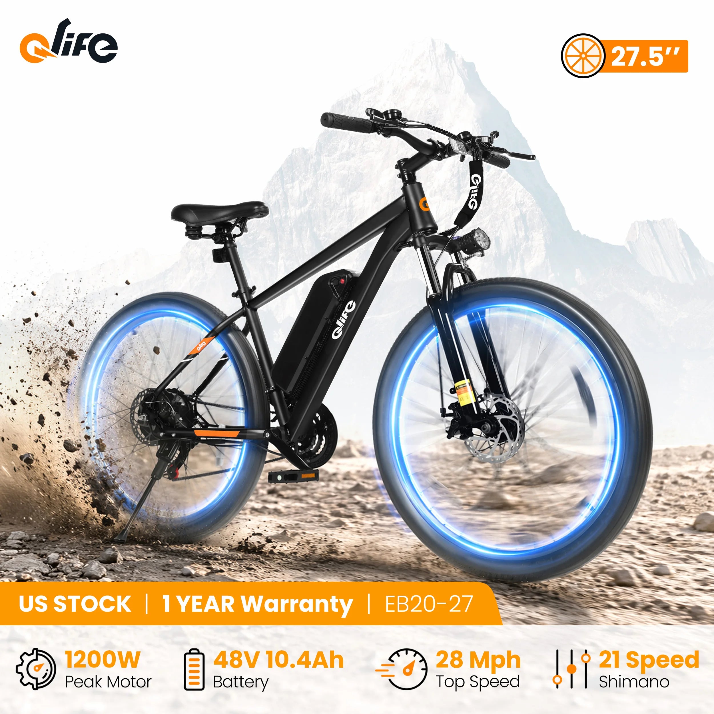 Qlife Racer Electric Bike for Adults, Peak 1200W 48V 10.4Ah,  27.5" Tire Electric Mountain Bike, 28MPH 55 Miles Off-road Electric Bicycle, 21-Speed