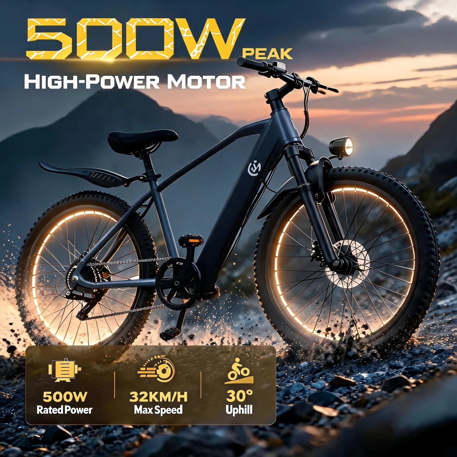 Reliable Daily Commuter 26 Inch Off Road Electric Bike 500W Brushless Motor Max 44 Miles Long Range Top Speed 32km/h 30° Climbing Capacity Pedal Assist Mode 7-Speed Gear Lockable Battery, Practical Daily Transport Easy Assembly