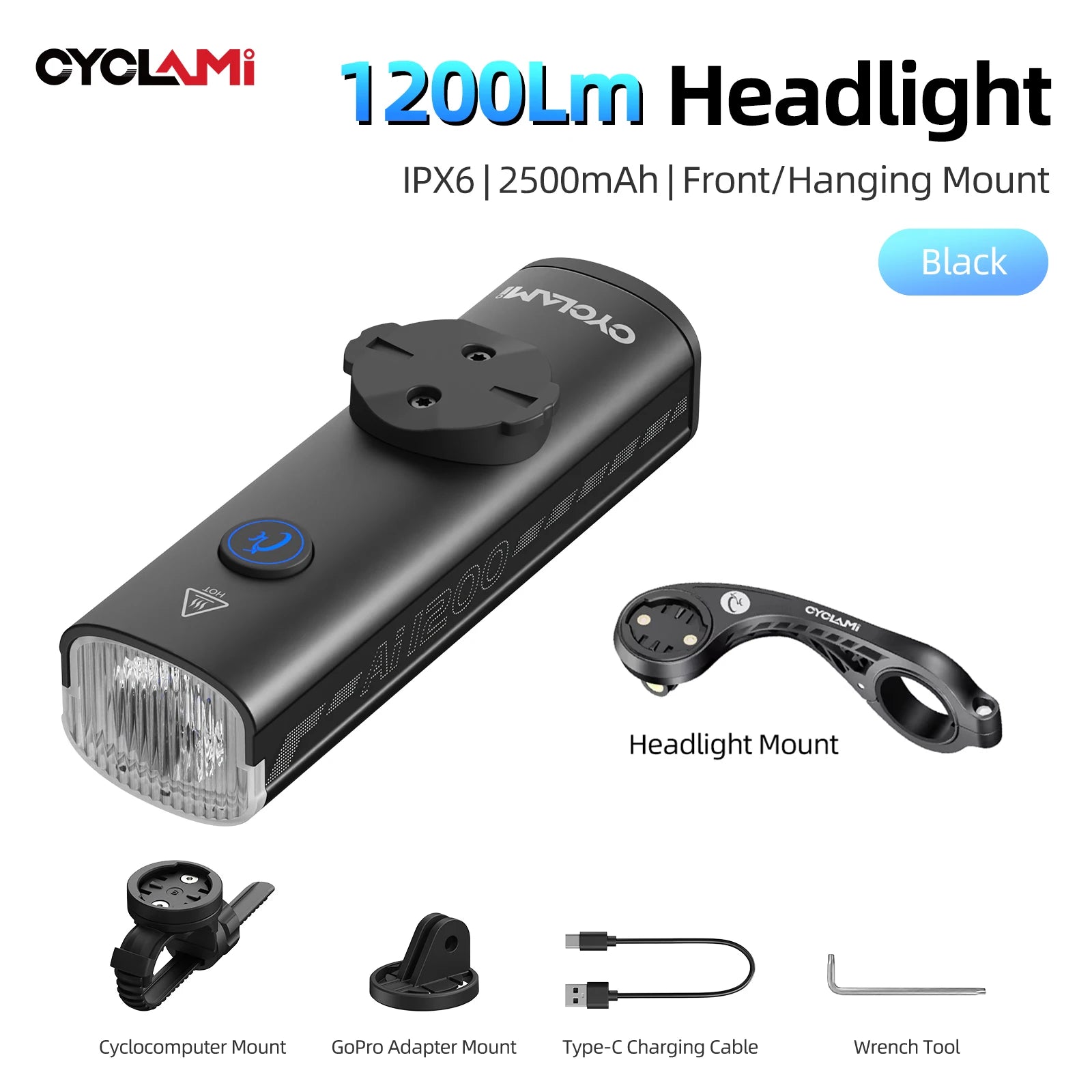 CYCLAMI 1200/1800 Lumen Bicycle Headlight Ultra-lightweight Hanging Front Light Lamp Aluminum Alloy MTB Road Bike AI1200 AI1800