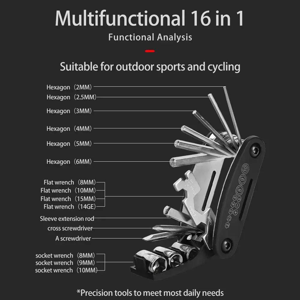 16-in-1 Portable Bicycle Repair Tool Set – Wrench, Screwdriver & Motorcycle Bike Tools