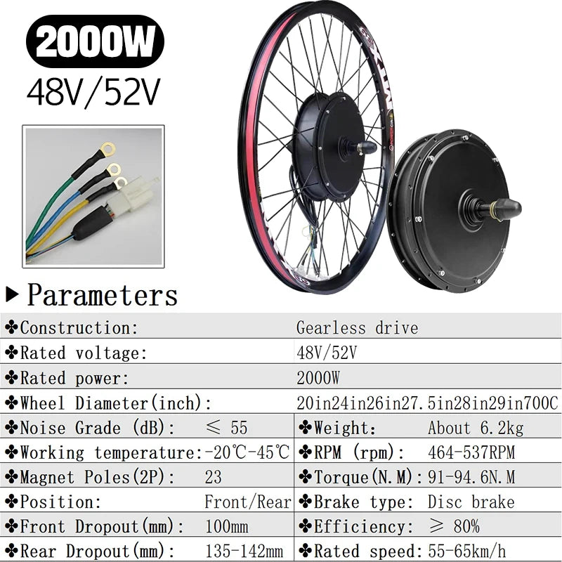 MTX Brand 48V52V 2000W Electric Bike Rear Rotate Wheel Hub Motor E-Bike Part Use for Mountain Bike Brushless Non-gear Hub Motor