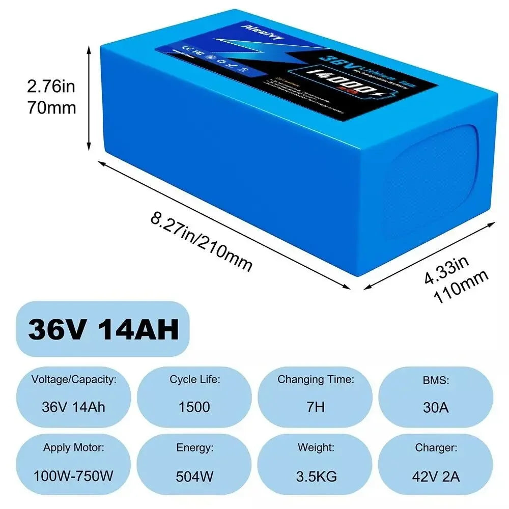 Aleaviy 36V 20Ah Electric Bike Lithium Battery Pack 20000mAh Li Ion Ebike Battery for Bicycle Scooter Motorcycle with Charger