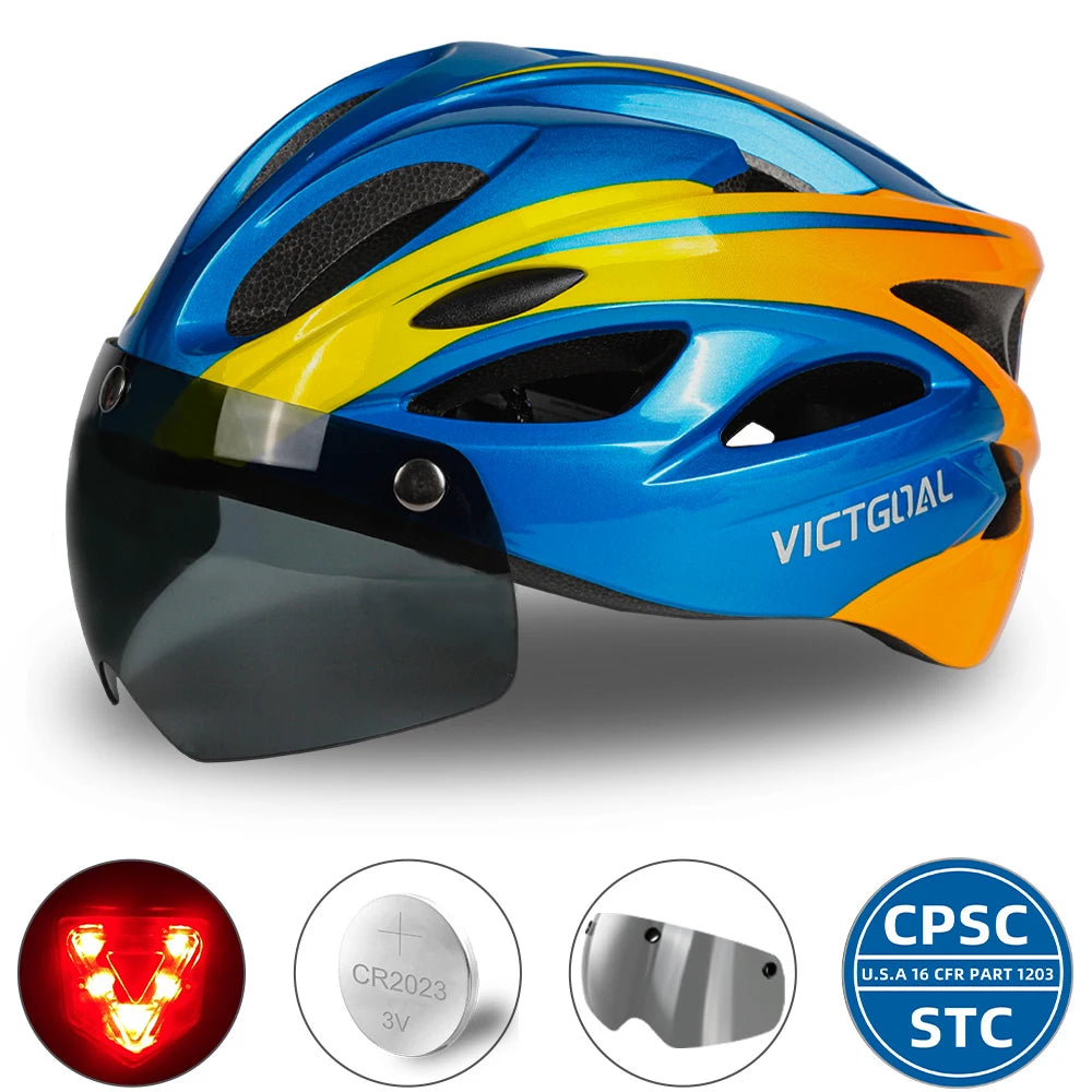 VICTGOAL Adults Bike Helmet Goggles LED Rear Light Men Women Cycling Helmet Road Bicycle Helmets MTB E-Bike Cap Scotter Headgear