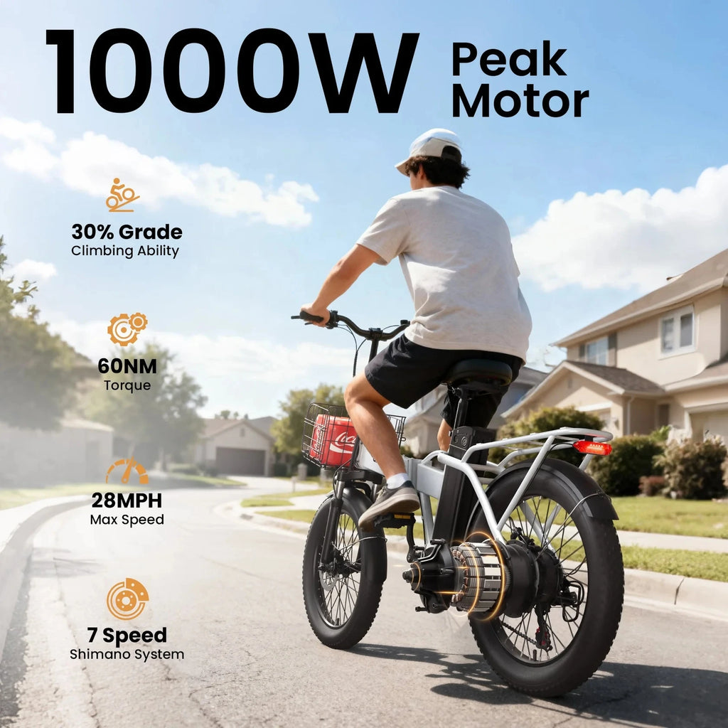 QRONGE Waterfall Folding Electric Bicycle 1000W Peak 48V 13.5AH 20' Fat Tire Electric Bike 70 Max Miles E-bike Commute 28MPH Max