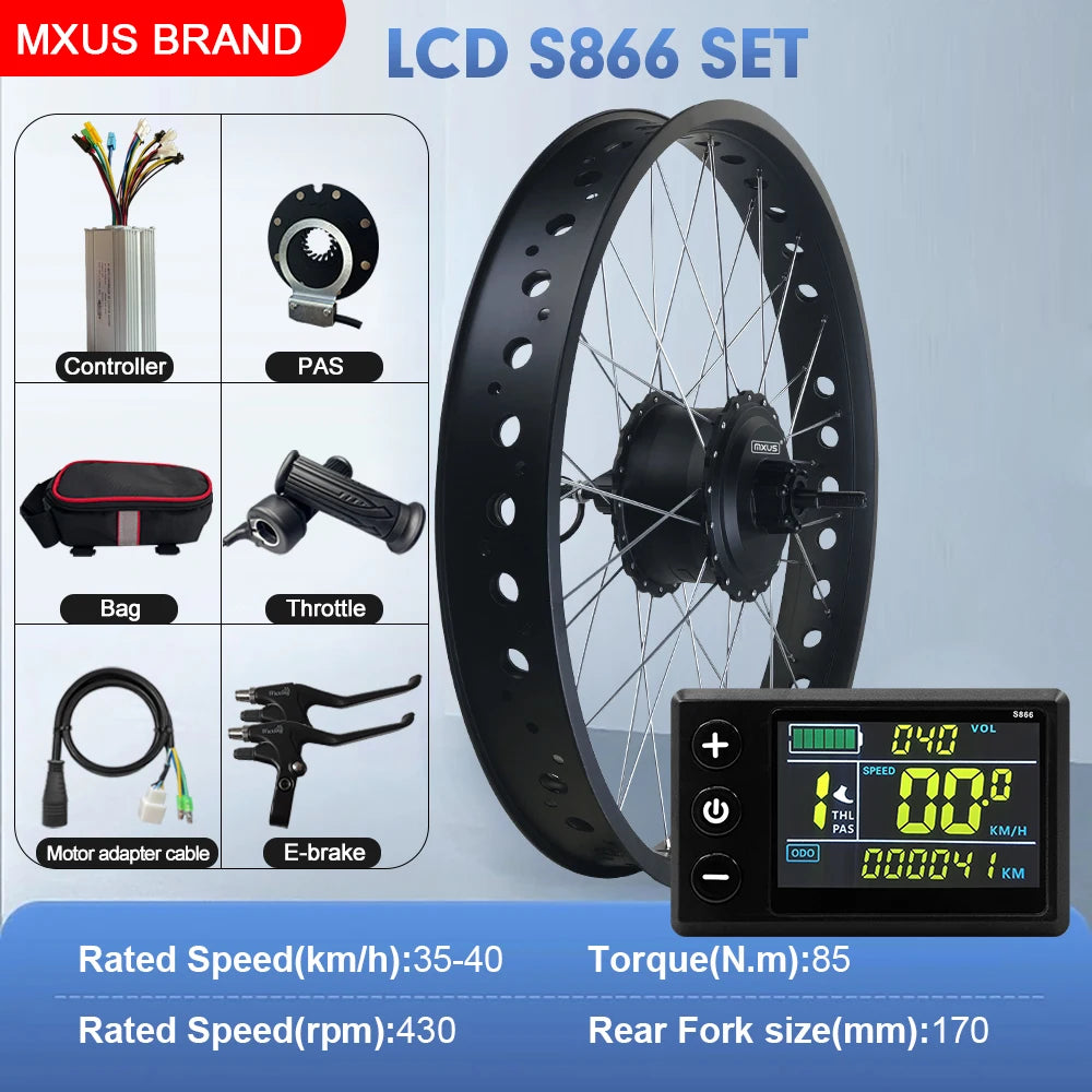 48V 750W Fat Tire E-Bike Conversion Kit – 4.0" Rear Brushless Gear Hub Motor Wheel 20/24/26 Inch Snow Ebike