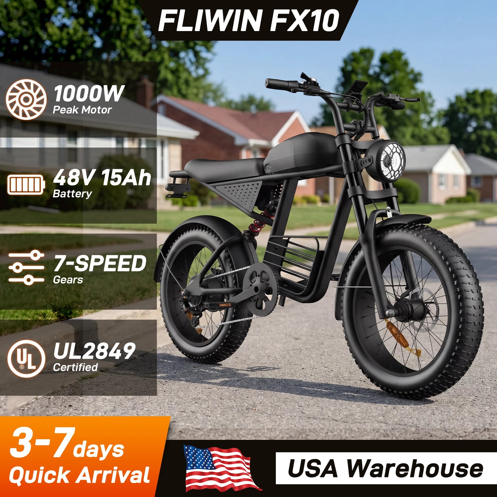 FLIWIN 1000W Peak Electric Bike for Adults - 30MPH Commuter & Off-Road E-Bike, 20" Fat Tire with Removable 48V 15Ah Battery, 7-Speed,UL 2849