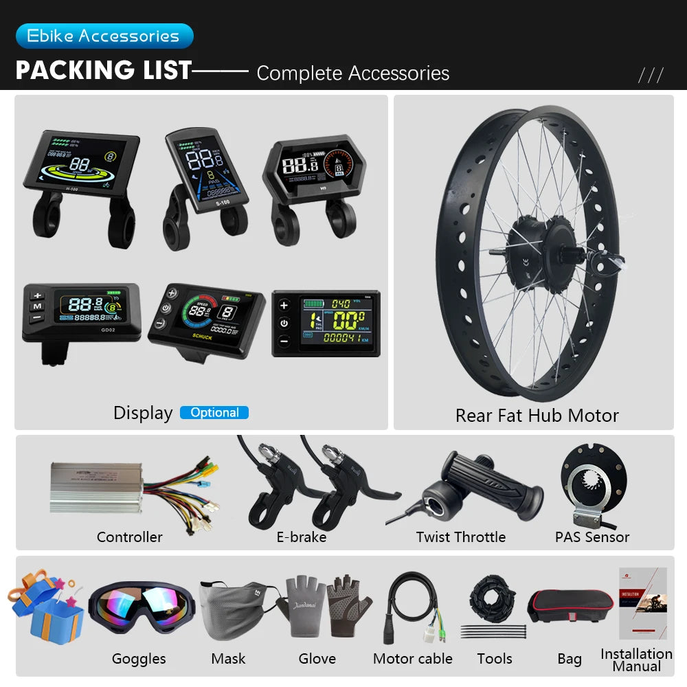 48V 750W Fat Tire E-Bike Conversion Kit – 4.0" Rear Brushless Gear Hub Motor Wheel 20/24/26 Inch Snow Ebike