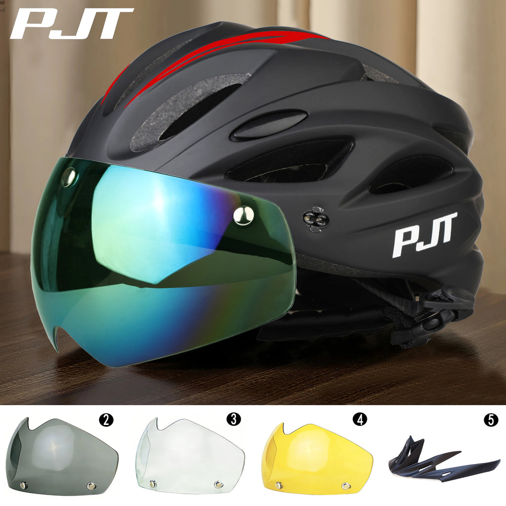 PJT Bicycle Helmet 4 In 1 With Magnetic Attraction Goggle Len /Sun Visor Safety Helmet Adult Bike Helmet Road MTB Cycling Helmet