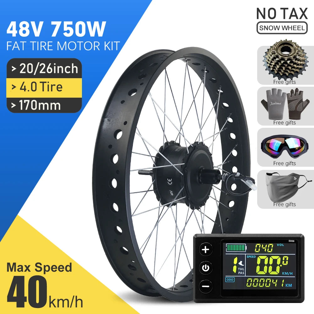 48V 750W Fat Tire E-Bike Conversion Kit – 4.0" Rear Brushless Gear Hub Motor Wheel 20/24/26 Inch Snow Ebike
