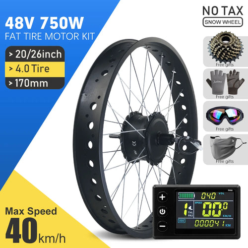 48V 750W Fat Tire E-Bike Conversion Kit – 4.0" Rear Brushless Gear Hub Motor Wheel 20/24/26 Inch Snow Ebike