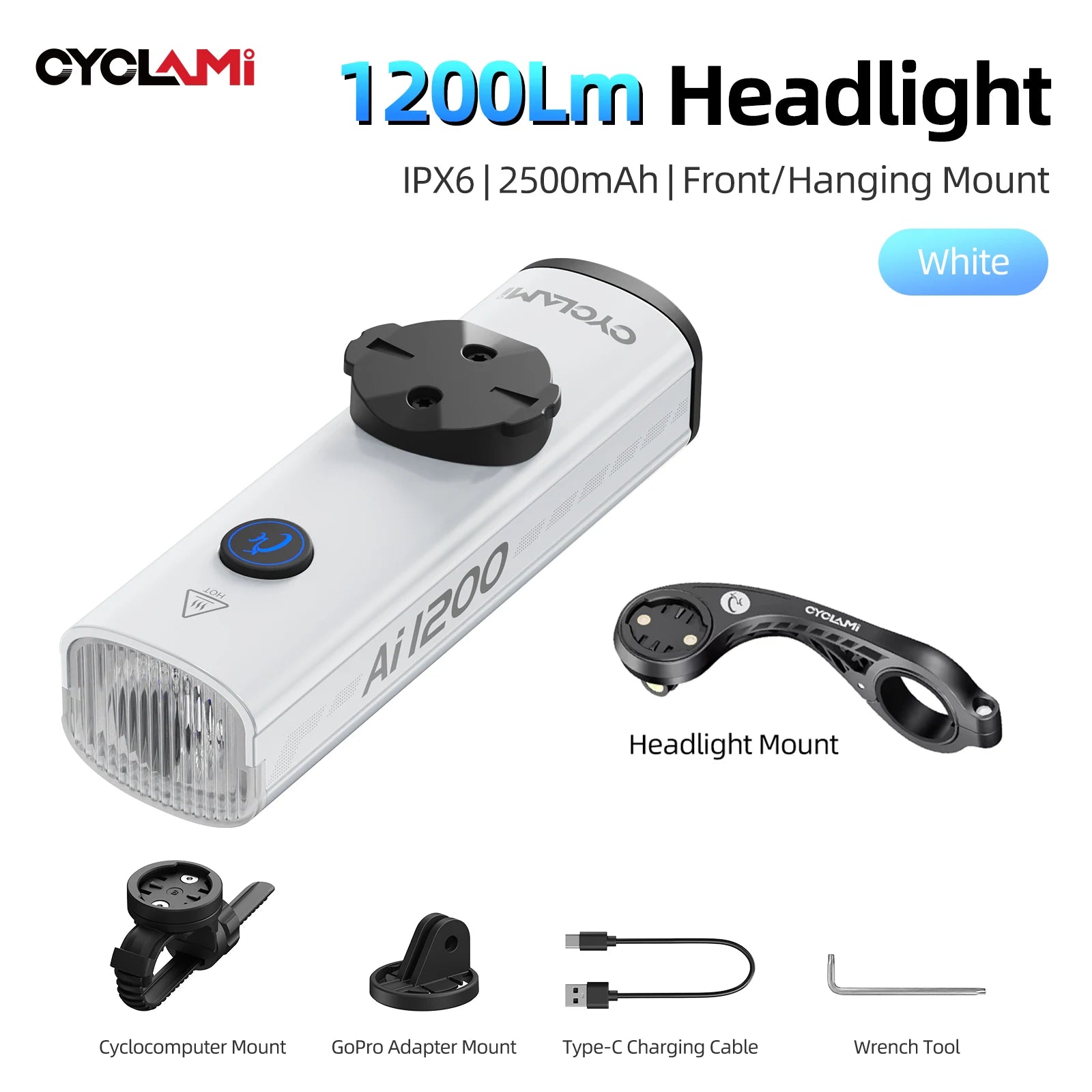 CYCLAMI 1200/1800 Lumen Bicycle Headlight Ultra-lightweight Hanging Front Light Lamp Aluminum Alloy MTB Road Bike AI1200 AI1800
