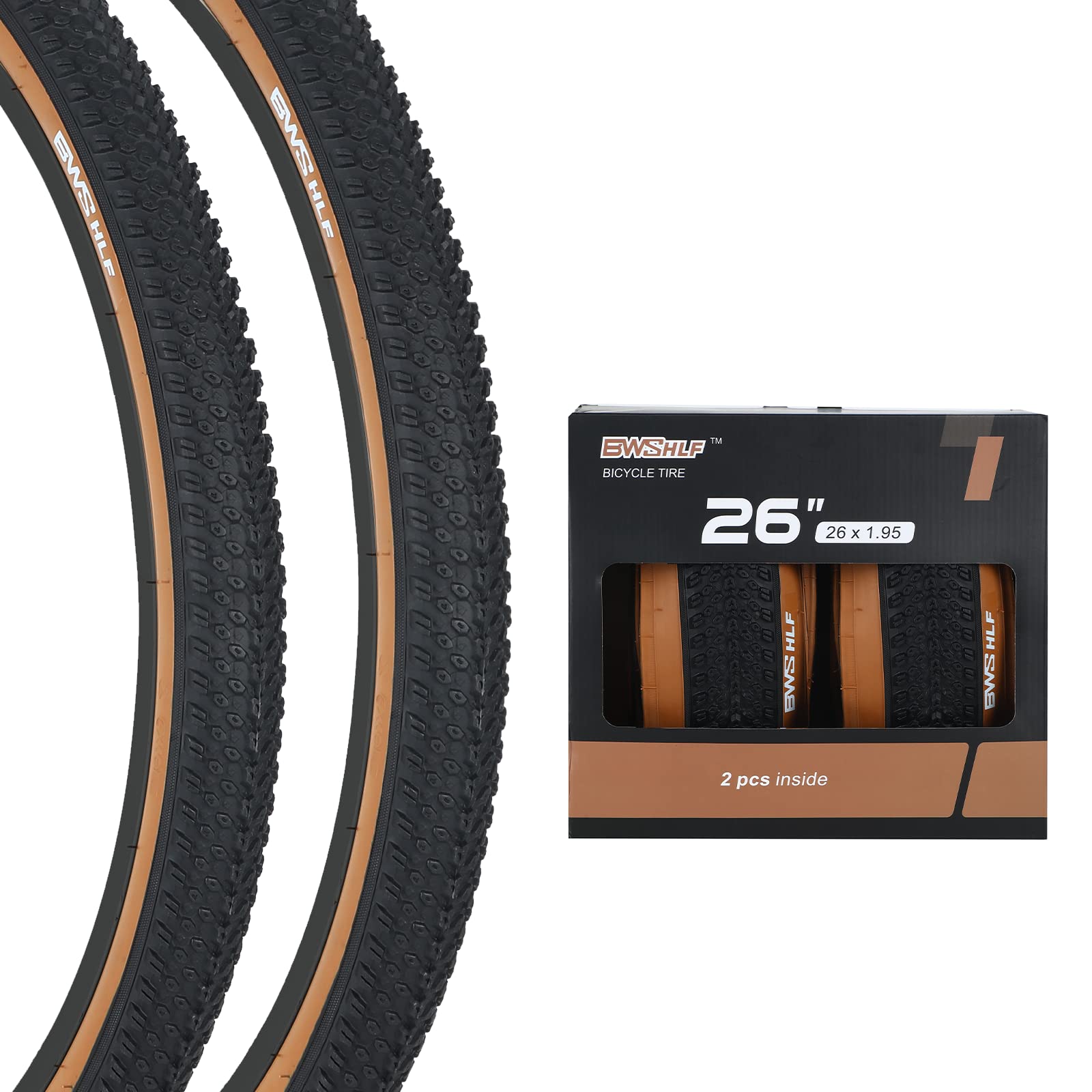 BWSHLF 26inch Mountain Bike Tires 26 x 1.95 Inch 2 Pack Replacement Black Folding MTB Bicycle Tire Brown Sidewall