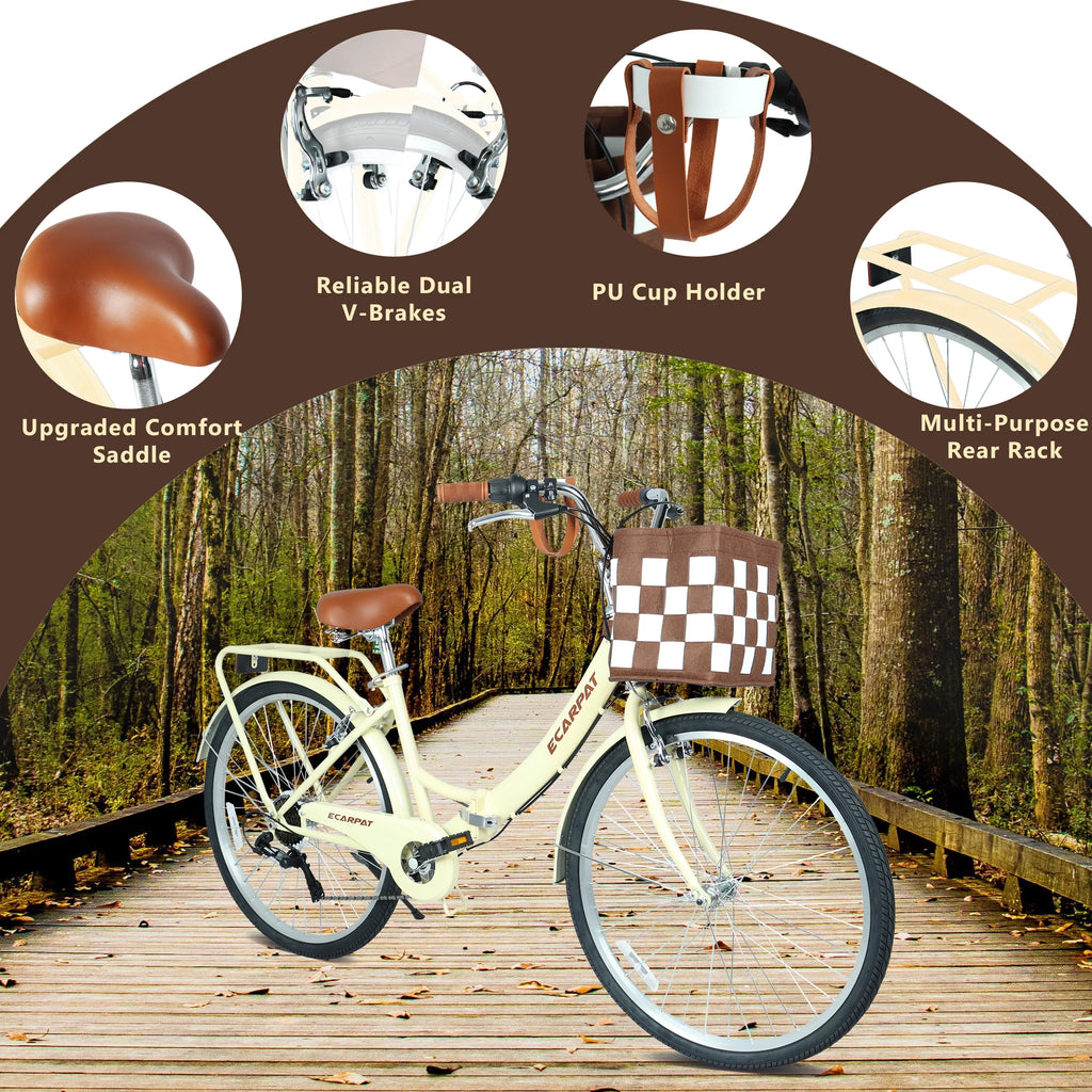 26 Inch Folding Beach Cruiser Bike for Women, 7 Speed Comfortable City Bike with Rear Rack, Cup Holder and Basket, Steel Frame Commuter Foldable Bicycle with Dual V-Brakes for Adults