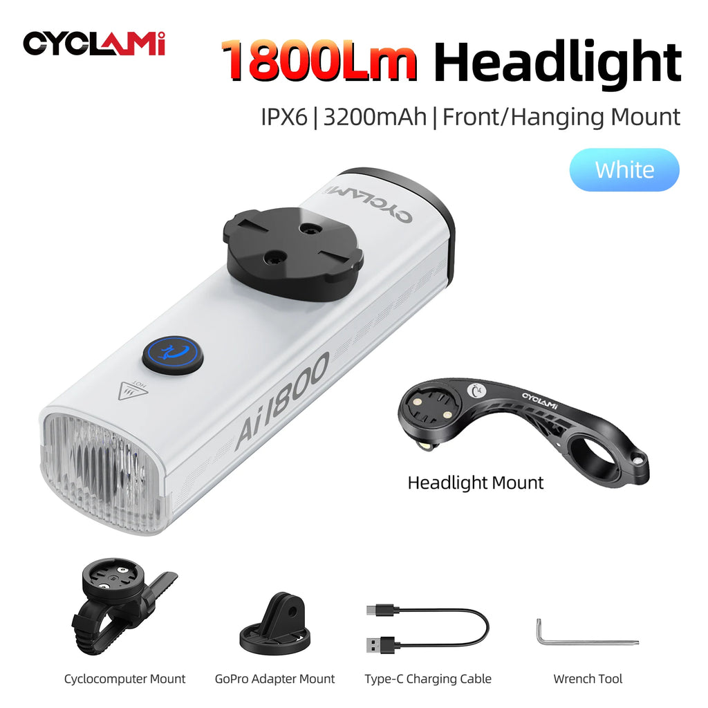 CYCLAMI 1200/1800 Lumen Bicycle Headlight Ultra-lightweight Hanging Front Light Lamp Aluminum Alloy MTB Road Bike AI1200 AI1800