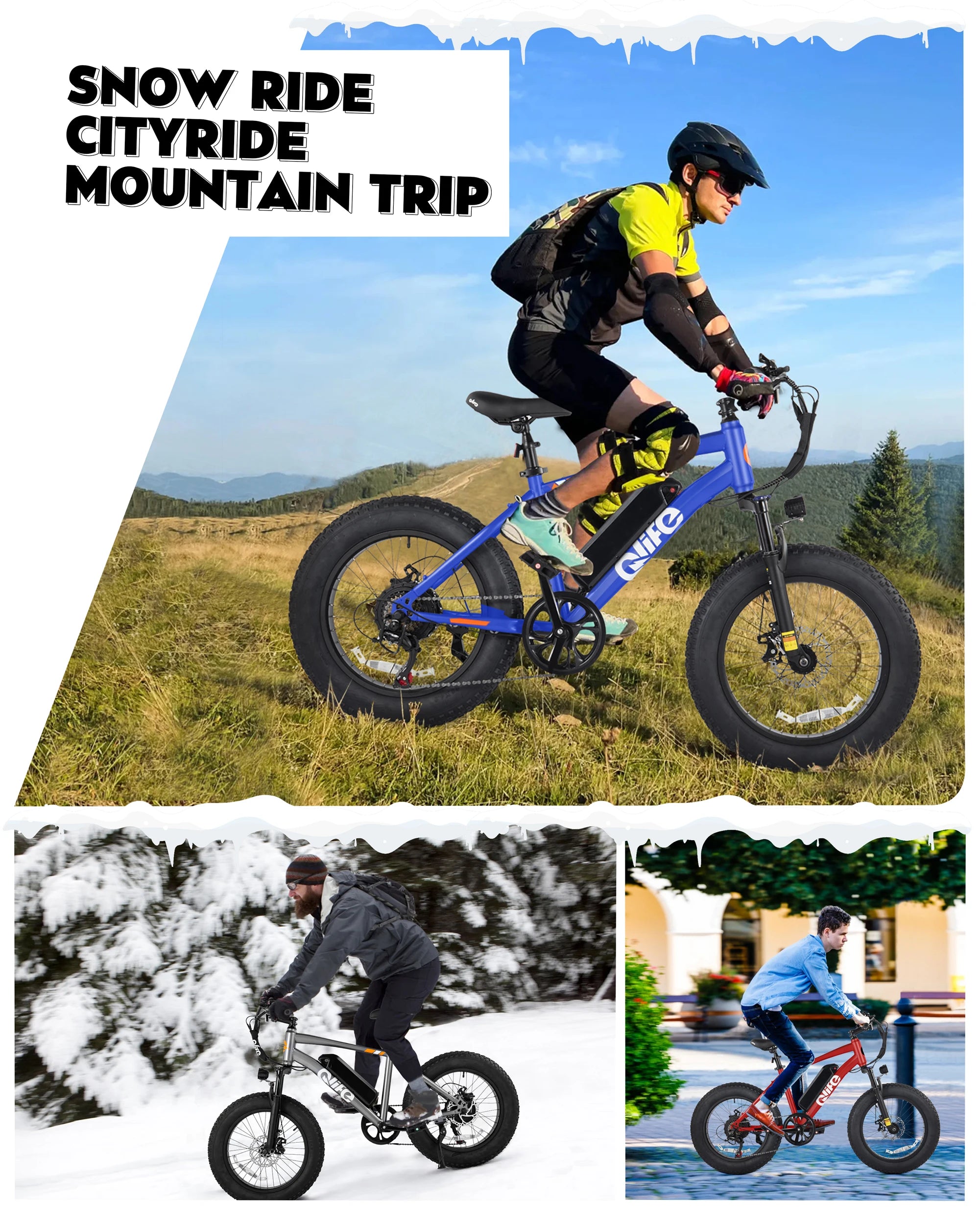 Qlife Racer Fat Tire Electric Bike for Adults, 20"×4.0" Fat Tire Electric Mountain Bike, Peak 1200W 48V 10.4Ah,  28MPH 55 Miles  Electric Bicycle, 7-Speed