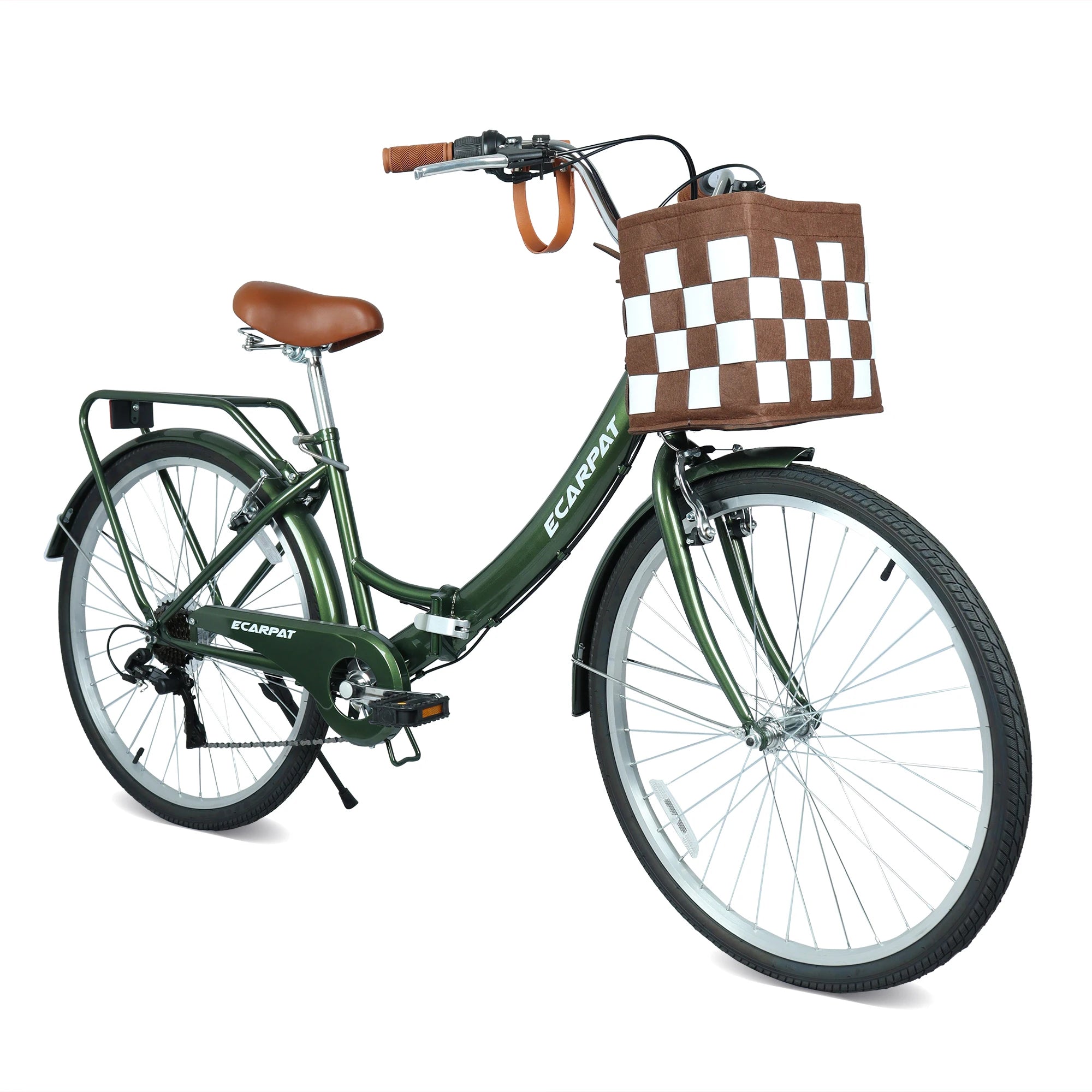 26 Inch Folding Beach Cruiser Bike for Women, 7 Speed Comfortable City Bike with Rear Rack, Cup Holder and Basket, Steel Frame Commuter Foldable Bicycle with Dual V-Brakes for Adults