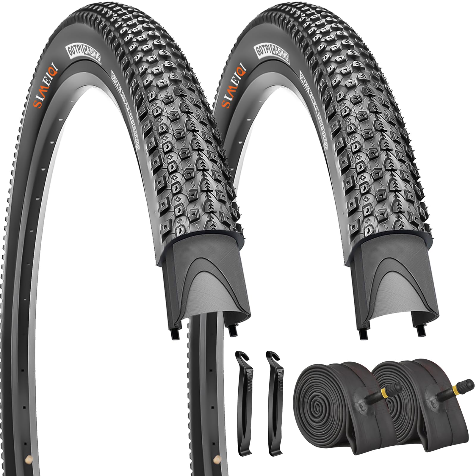 SIMEIQI 2 Pack 26x2.125 Bike Tires with 2 Inner Tubes AV 32mm Schrader 2 Levers Replacement Bicycle Tires for Mountain Trail Road City Pavement (26x2.125)