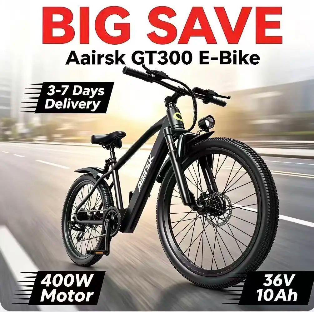 GT300 24 Inch Electric Mountain Bike for Adults, 400W(Peak 748W) Brushless Motor Ebike, 36V 10Ah Removable Lithium Battery, Shimano 7-Speed Gears, 22MPH Electric Bicycle for Urban Daily Commuting Short Trips