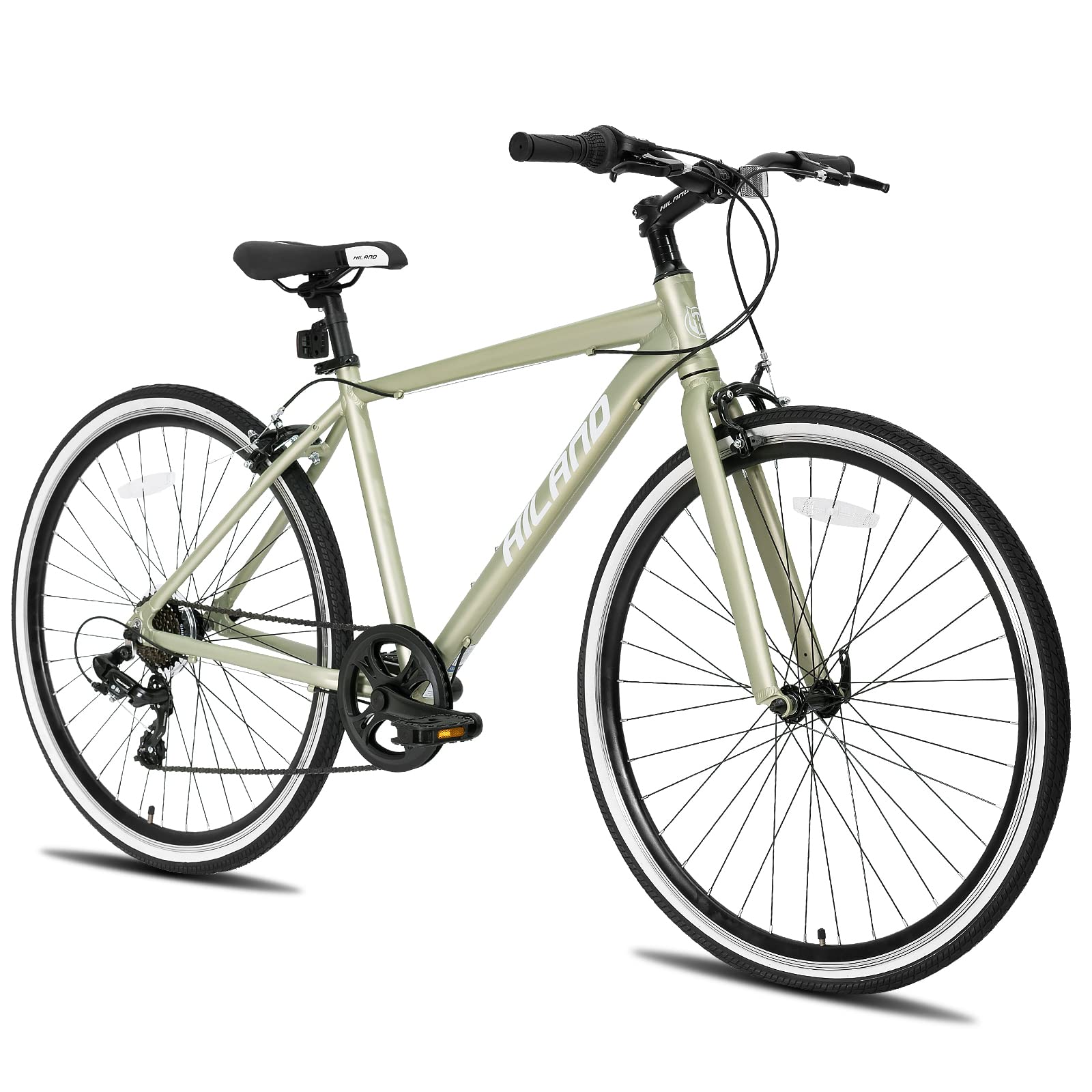 HH HILAND 700C Wheels Hybrid Bike for Mens and Womens Step-Over or Step-Through Frame Urban Commuter Bike 7 Speeds Road Bicycle for Adult Sliver