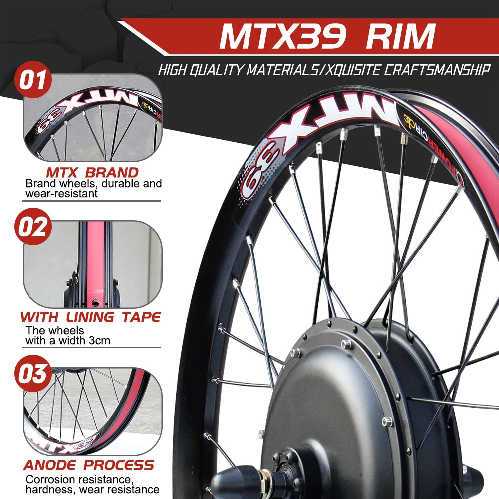 72V 3000W MTX39 E-Bike Conversion Kit – Brushless Gearless Rear Hub Motor 26-29" 700C Electric Bicycle