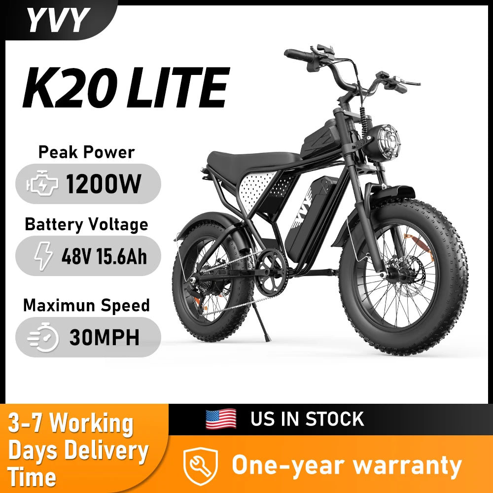 YVY K20 Lite 1200W Electric Bike for Adults 30MPH 48V 15.6Ah Off-road Trail 20*4 Inch Fat Tire E Bike 7 Speed Mountain Bike