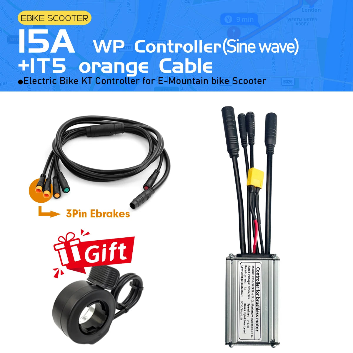 Electric Bike KT Controller 36V 48V14A26A30A35A Waterproof Brushless Motor 250W- 1500W 1T5 3pin E-brake for E-bike Scooter Parts