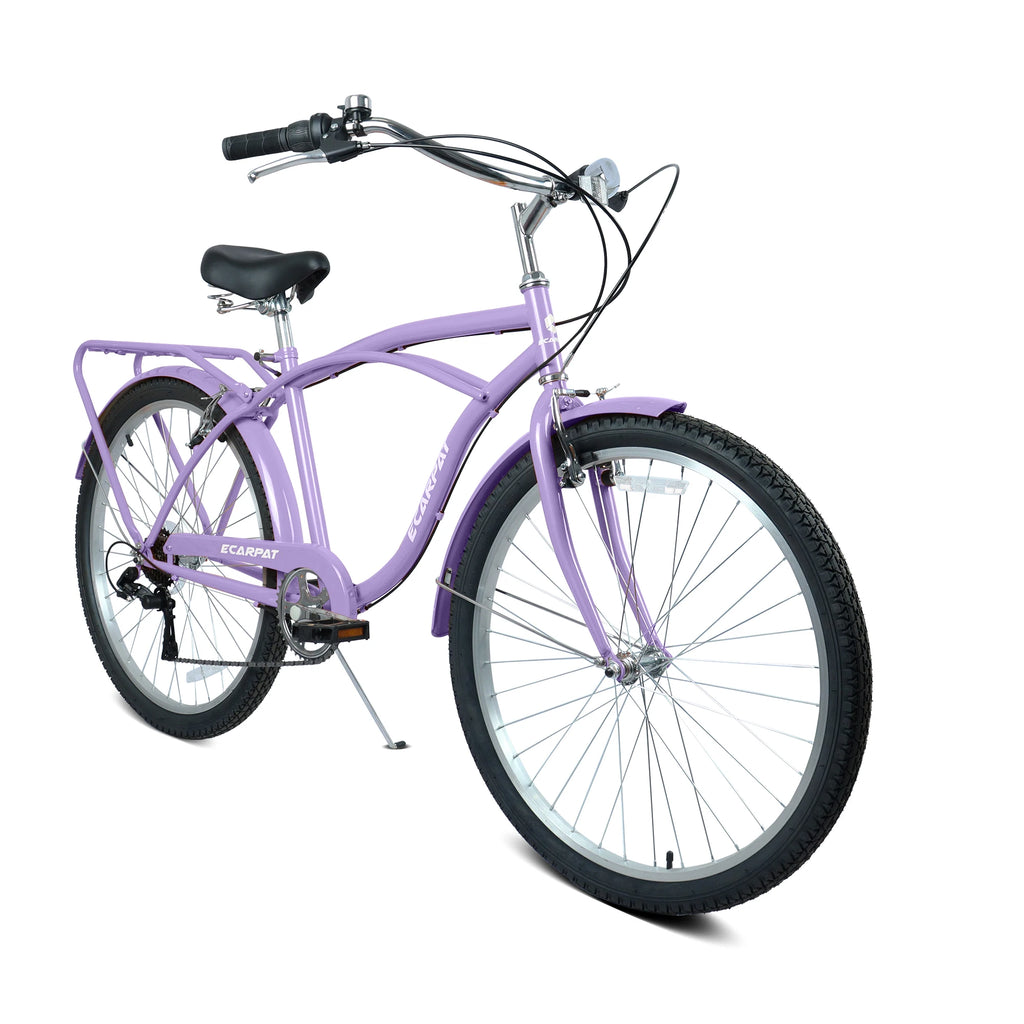 26 Inch Beach Cruiser Bike for Men Women, 7 Speed Commuter Bicycle with Dual V-Brakes and High-Carbon Steel Frame, Comfortable City Bike for Adult