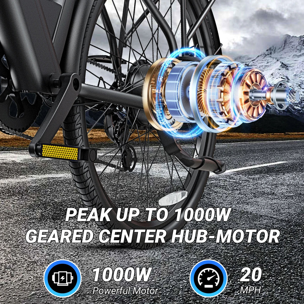 【1 Year Warranty】DYU C7 Electric Bicycle Peak 1000W Motor 480WH Lithium Battery Electric Bike 26 Inch city E bike，UL2849