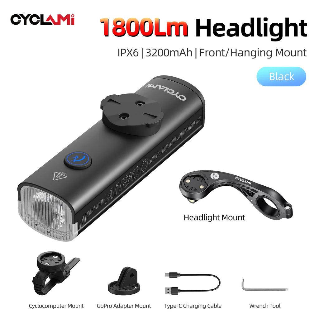 CYCLAMI 1200/1800 Lumen Bicycle Headlight Ultra-lightweight Hanging Front Light Lamp Aluminum Alloy MTB Road Bike AI1200 AI1800