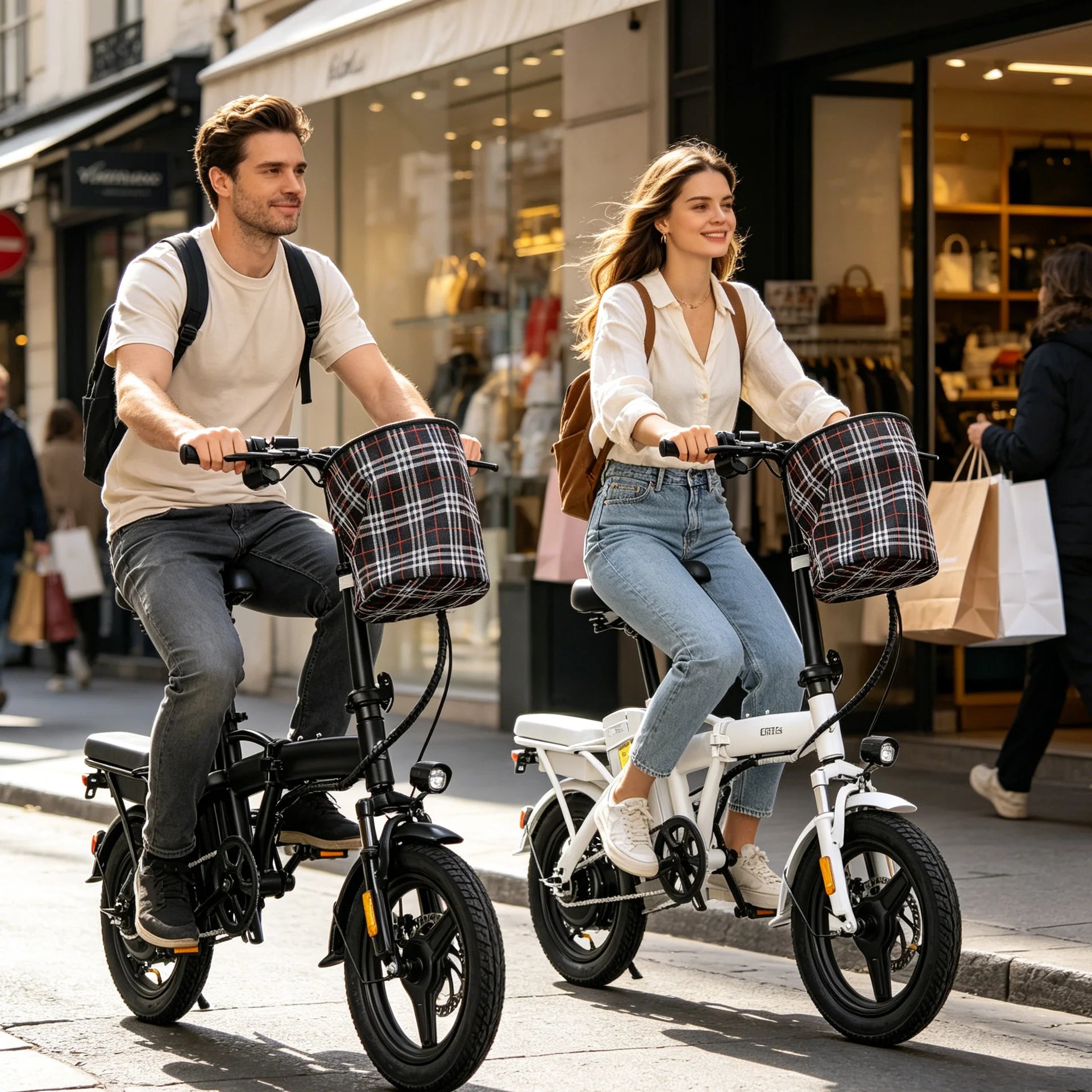 T5 14-inch Foldable Electric Bike 48V 750W Peak Power 20MPH 499Wh Long Range Lightweight Ebike with Dual Disc Brake And Basket for Adult Commute 22 Miles
