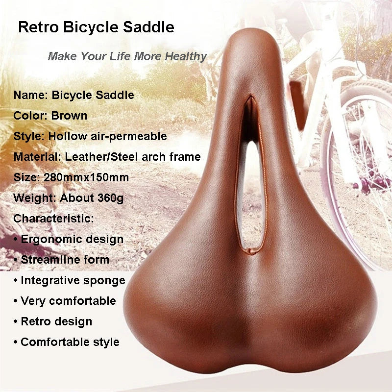 Retro Bicycle Saddle Hollow Cycling Saddle PU Leather Vintage Seat Custion Road Bike MTB Saddle Classic Brown Bike Seat