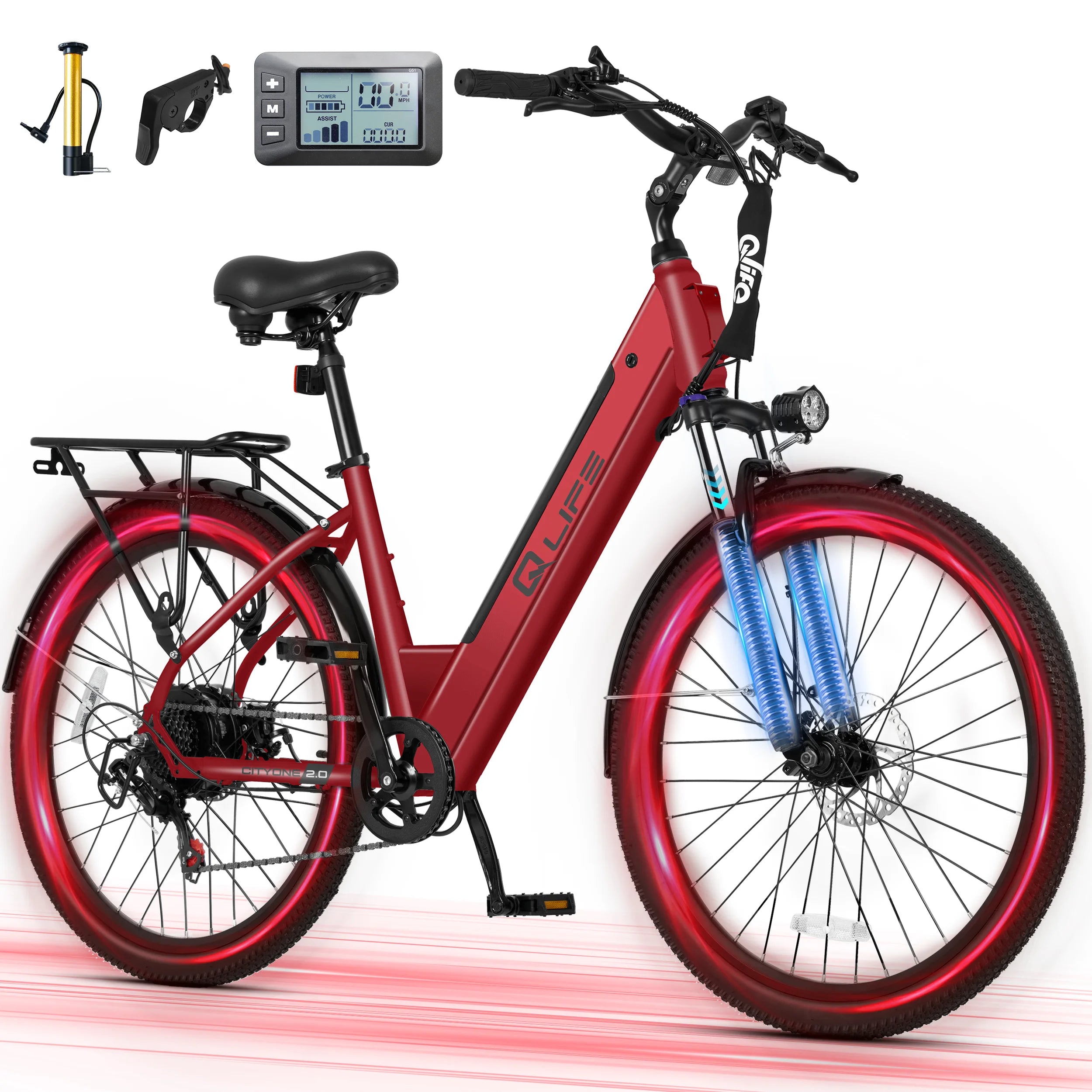 Qlife Cityone 2.0  26" Electric Bike for Adults, 1200W Peak Motor 48V 10.4Ah Battery, 28MPH 55 Miles, 7-Speed Electric Bicycle with Front Suspension