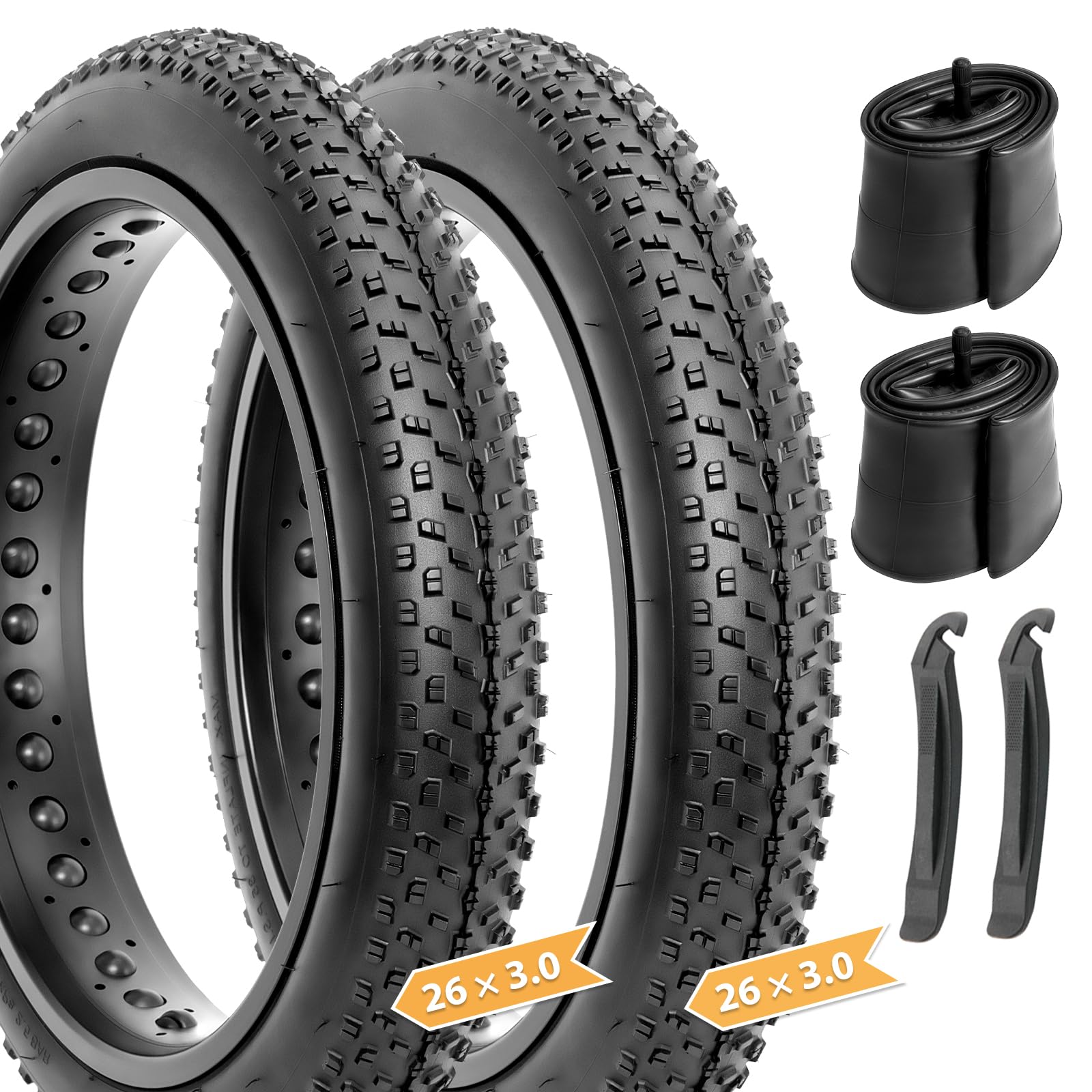 26x3.0 Fat Bike Tires Set: Hycline 2-Pack 26x3 Inch Folding Replacement Puncture Resistant MTB Fat Tires All-Terrain High-Density Bicycle Tires with Inner Tubes and Tire Levers