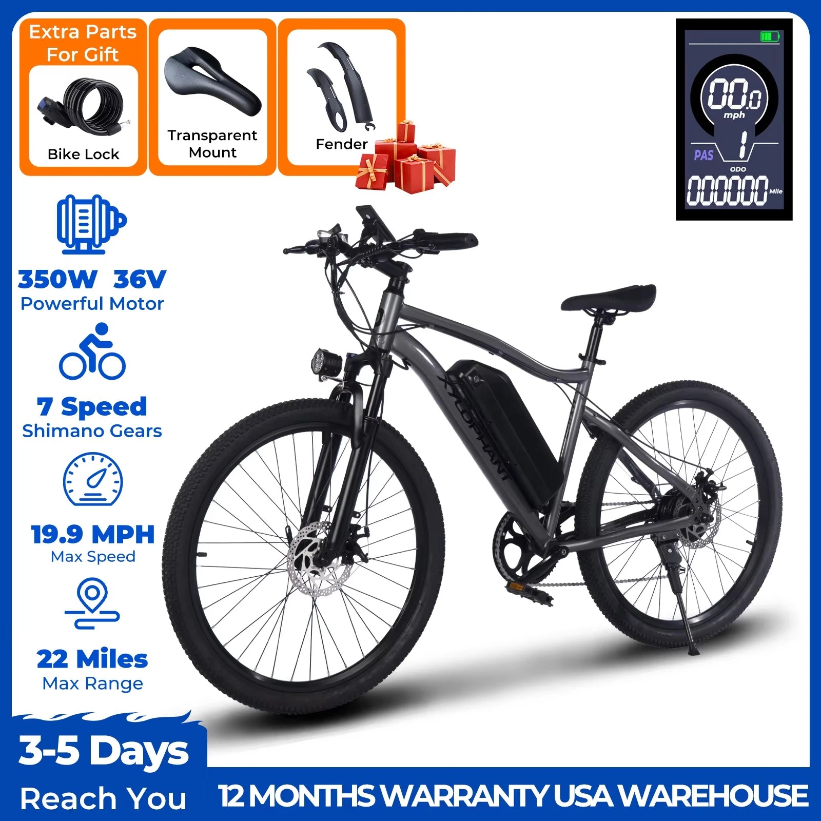 720W Adult Electric Bicycle 26 Inch 36V 10.4AH Removable Battery 19.9Mph Dual Shock Absorber 7-Speed Mountain Bike
