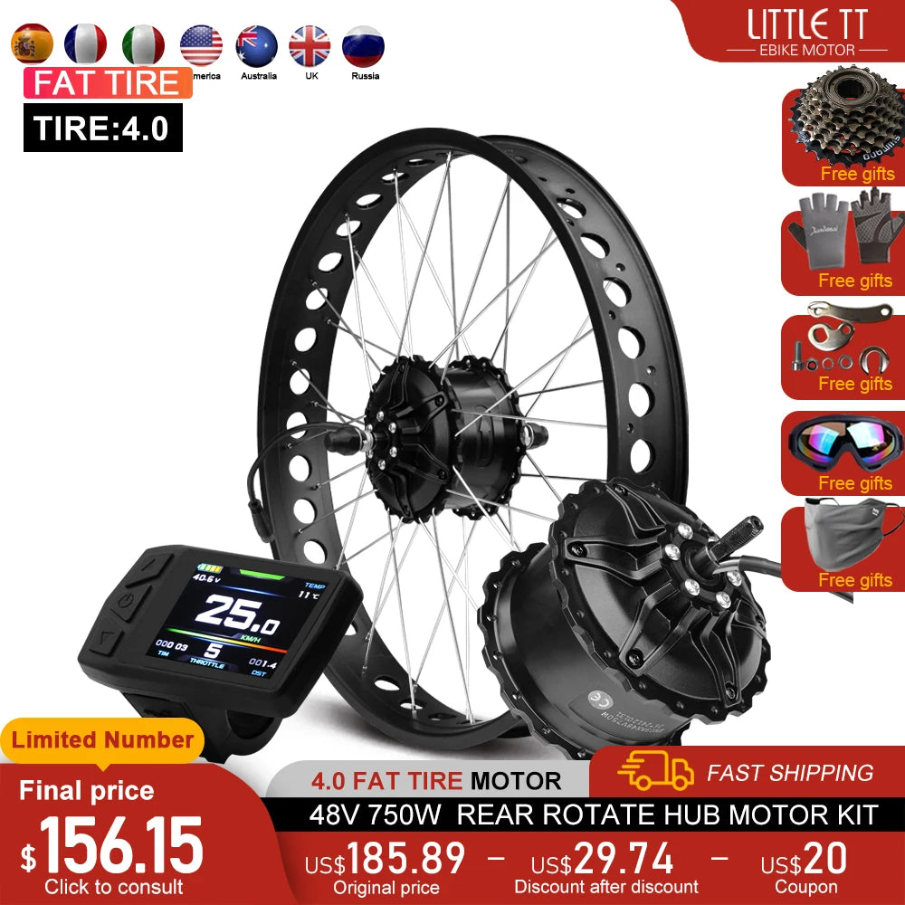 Electric Bike Fat-bike Conversion Kit 48V 750W 20’24’26in 4.0Tyre Brushless Rear Wheel Hub Motor For Snow Electric Bicycle Kit