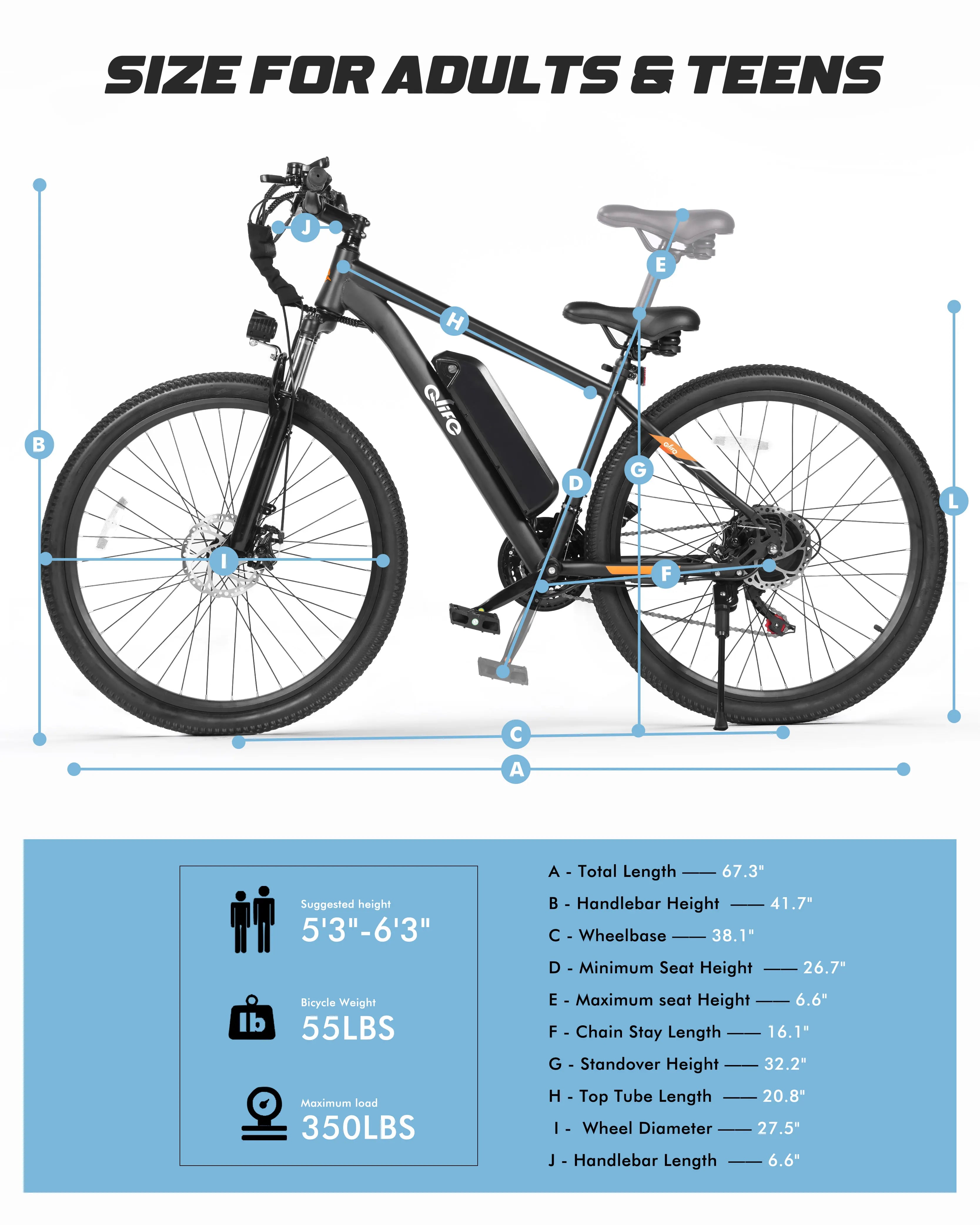 Qlife Racer Electric Bike for Adults, Peak 1200W 48V 10.4Ah,  27.5" Tire Electric Mountain Bike, 28MPH 55 Miles Off-road Electric Bicycle, 21-Speed