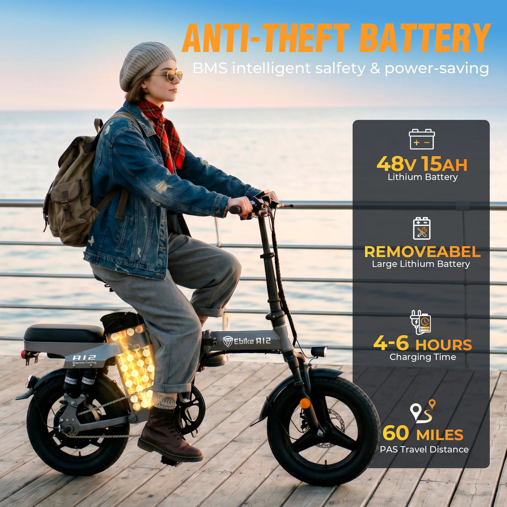DTTZH A12 Foldable Electric Bike, 1000W Peak 48V15Ah Removable Battery, 14" Folding Commuter E-Bike, 60 Miles Range, UL 2849 Certified, 1 Year Warranty