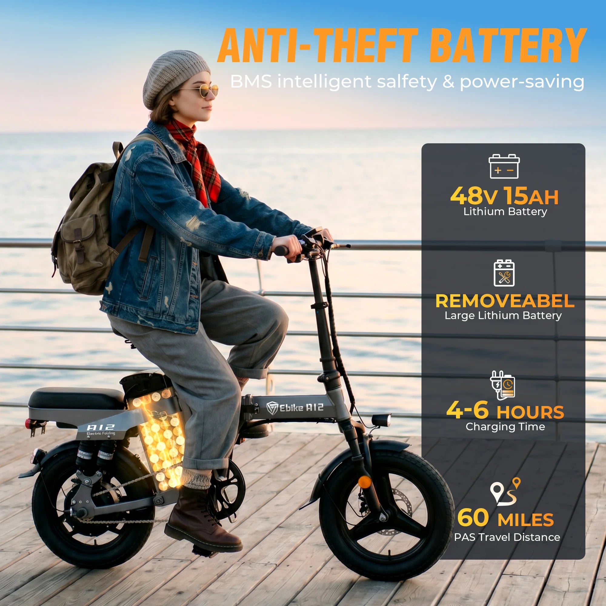 DTTZH A12 Foldable Electric Bike, 1000W Peak 48V15Ah Removable Battery, 14" Folding Commuter E-Bike, 60 Miles Range, UL 2849 Certified, 1 Year Warranty