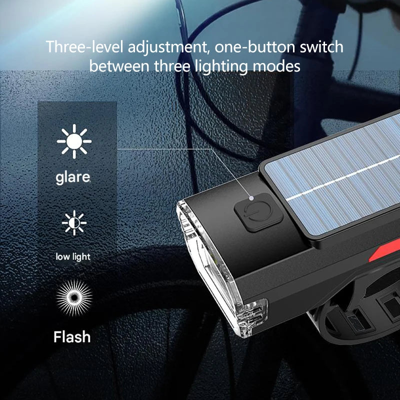 Bicycle Solar Charging Front Light Wide-Angle MTB Road Bike 3 LED Headlight Flashlight Easy to Install Cycling Accessoreis