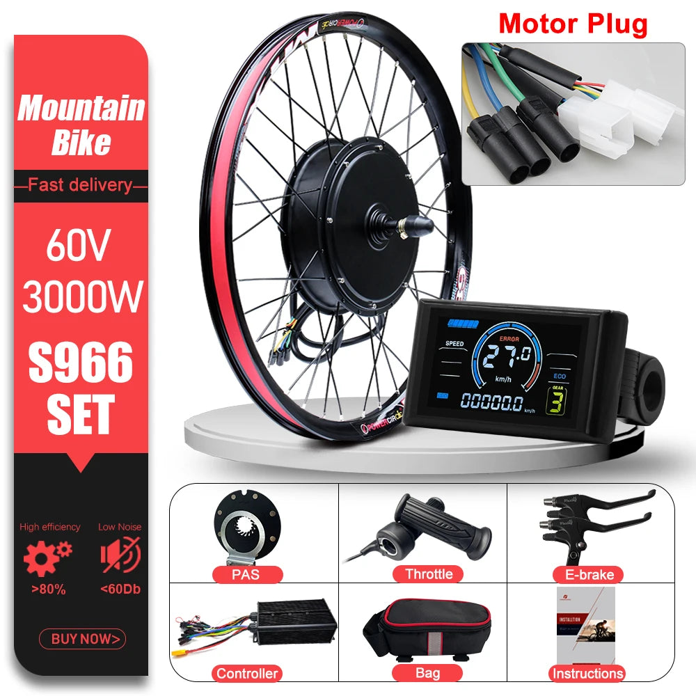 60V 3000W E-Bike Conversion Kit – 26-29" 700C Rear Brushless Hub Motor Wheel with UKC1 Display