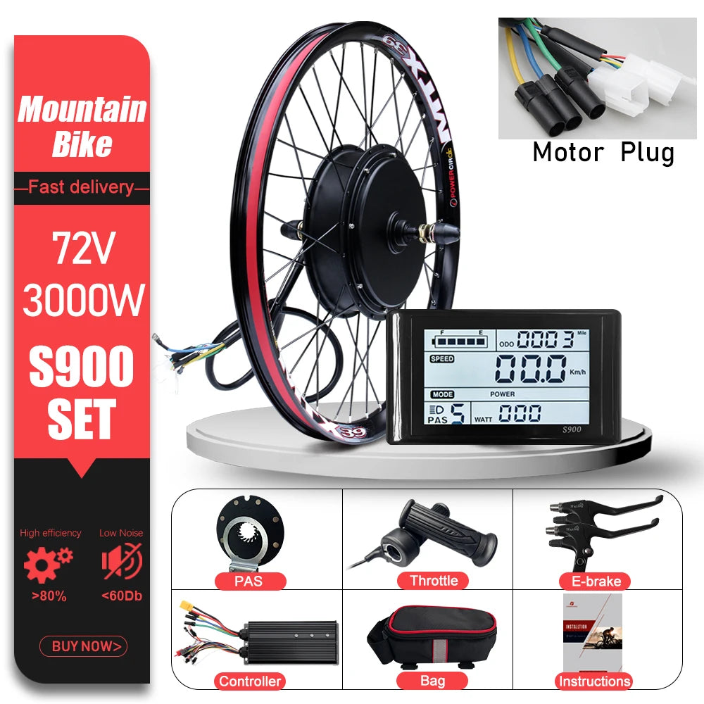 72V 3000W MTX39 E-Bike Conversion Kit – Brushless Gearless Rear Hub Motor 26-29" 700C Electric Bicycle