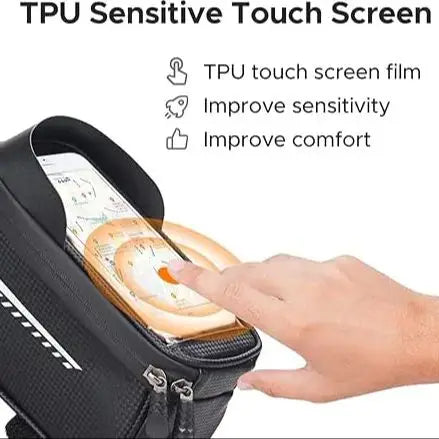 Waterproof Bike Front Frame Bag for Ebike & Mountain Bicycle, TPU Touch Screen Phone Pocket, Large Storage Bag Fits 6.5'' Phone.